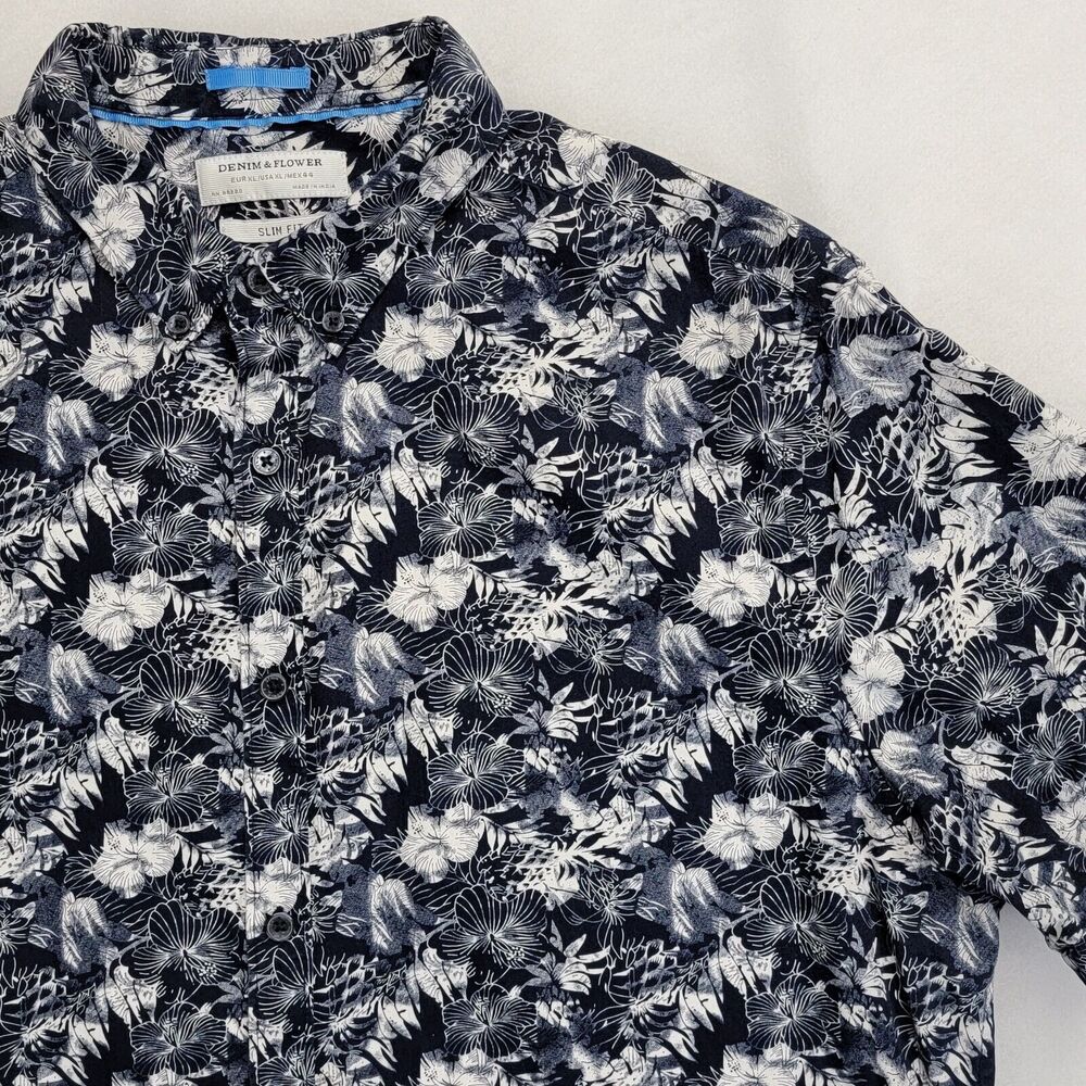 Denim & Flower Floral Tropical Short Sleeve XL Dark Blue White Button-Down Mens